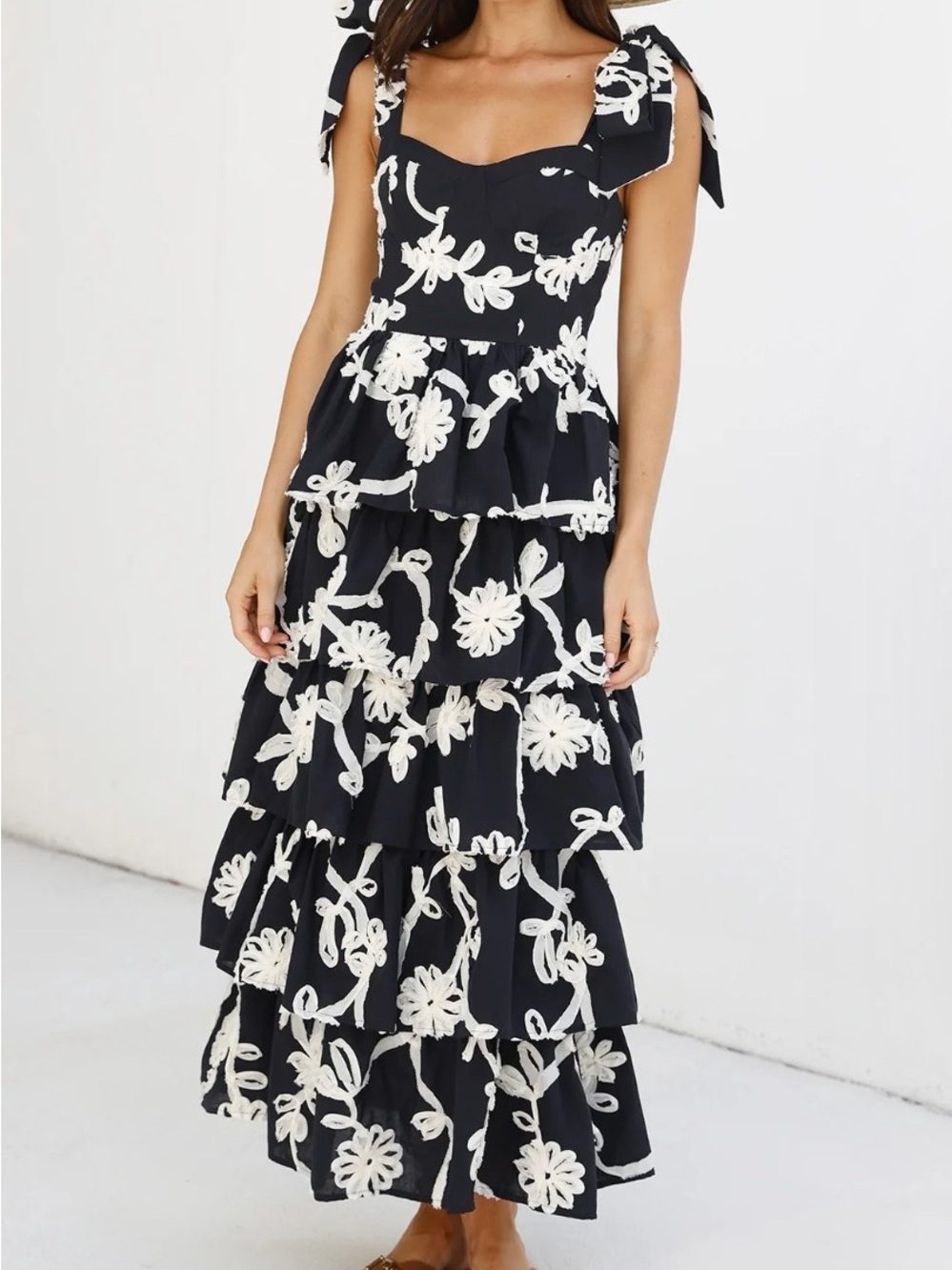 Sofie the Label- Tiered Black Dress with White Floral Embroidery